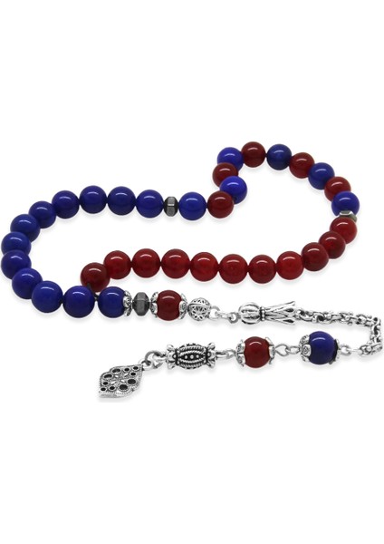Kararmaz Metal Arnavut Zincir Püsküllü Küre Kesim Bordo Mavi Jade Doğaltaş Taraftar Tesbih M2