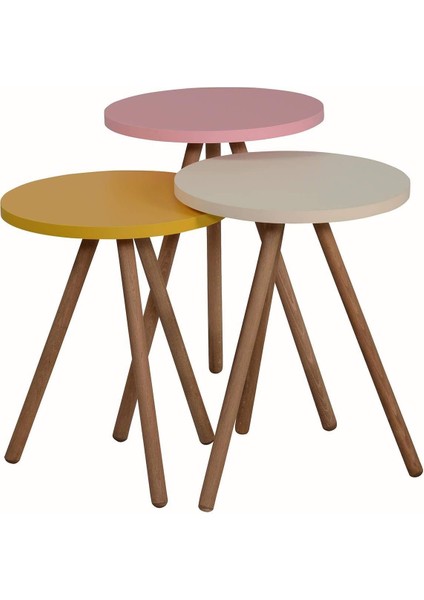 Renkli Üçlü Zigon Sehpa Ahşap Ayaklı Yuvarlak Pastel Tasarım Sarı Krem Pembe