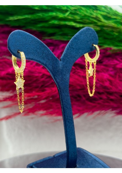925 Ayar Gümüş Gold Renk Özel Tasarım Yıldız Modeli Popüler Kadın Küpe