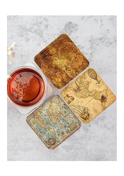 Dünya Haritası Temalı Ahşap Altlığı Ahşap Baskılı Altlık 6&apos;lı Set (9 X9CM) KARBONNM13 fiyatları