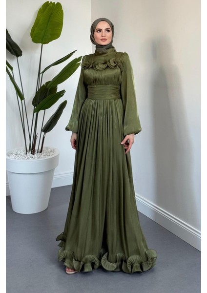 Maryam Altı ve Göğüs Kısmı Fırfırlı Janjan Abiye Haki fiyatları