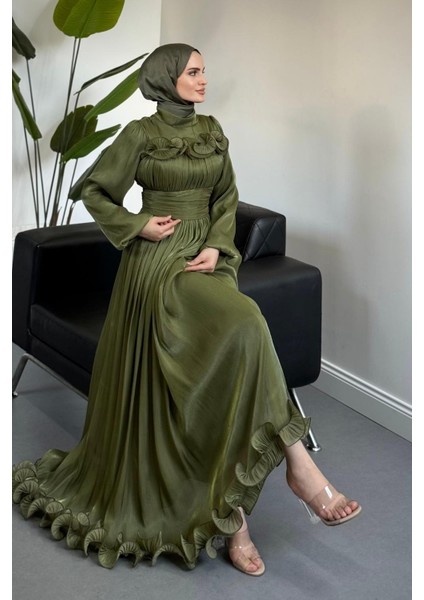 Maryam Altı ve Göğüs Kısmı Fırfırlı Janjan Abiye Haki modelleri