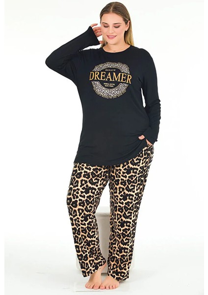 Lady Siyah Renk Leopar Desenli Lady Kadın Uzun Kol Büyük Beden Penye Pijama Takımı fiyatları