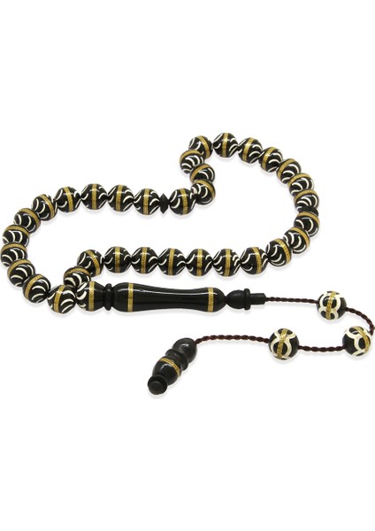 Sistemli Kuka Tesbih – Siyah – Pirinç Sarmal - Beyaz Mine Dolgulu – Istanbul Kesim