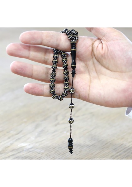 Sistemli Kuka Tesbih – Siyah – Pirinç Sarmal - Beyaz Mine Dolgulu – Istanbul Kesim modelleri