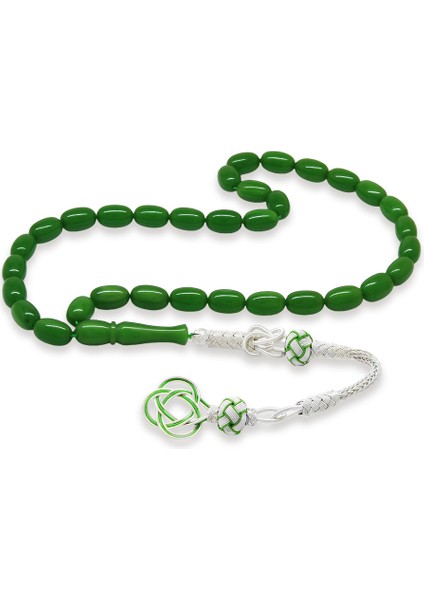 1000 Ayar Gümüş Kazaz Püsküllü Özel Kesim Zümrüt Yeşil Sıkma Kehribar Tesbih