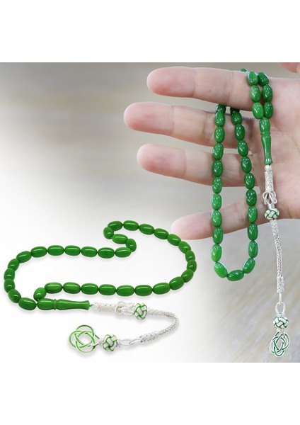 1000 Ayar Gümüş Kazaz Püsküllü Özel Kesim Zümrüt Yeşil Sıkma Kehribar Tesbih fiyatları