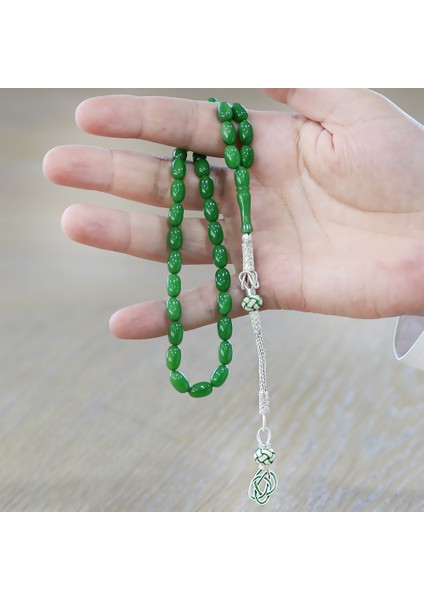 1000 Ayar Gümüş Kazaz Püsküllü Özel Kesim Zümrüt Yeşil Sıkma Kehribar Tesbih modelleri