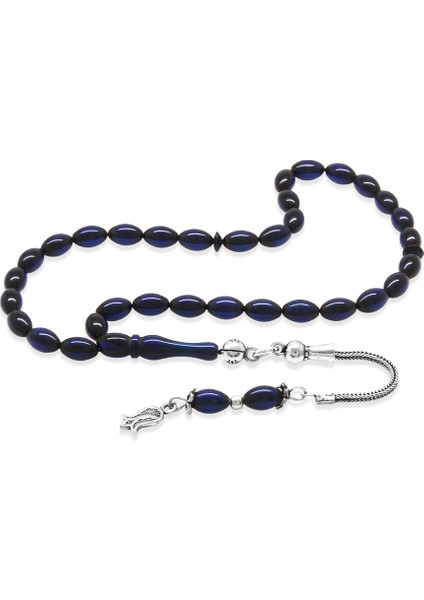 Sıkma Kehribar Tesbih - 925 Ayar Gümüş Püsküllü - Mini Boy - Lacivert Renk - Arpa Kesim