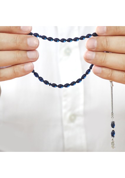 Sıkma Kehribar Tesbih - 925 Ayar Gümüş Püsküllü - Mini Boy - Lacivert Renk - Arpa Kesim modelleri