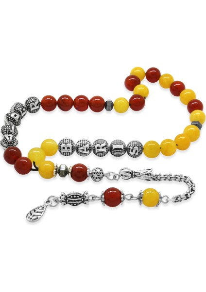 Kararmaz Metal Arnavut Püsküllü Küre Kesim Isme Özel Sarı Kırmızı Jade Akik Doğaltaş Taraftar Tesbih