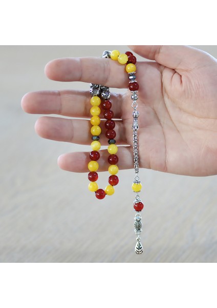 Kararmaz Metal Arnavut Püsküllü Küre Kesim Isme Özel Sarı Kırmızı Jade Akik Doğaltaş Taraftar Tesbih fırsatları