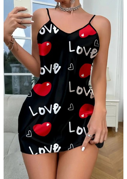 Love Desenli Siyah Saten Gecelik