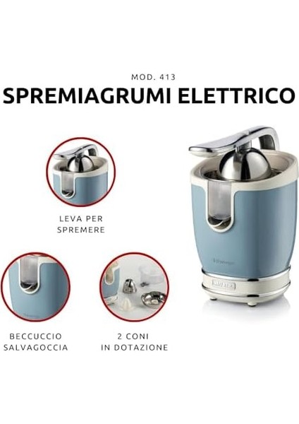 Narenciye Sıkacağı Mavi 0413/05 - Retro Elektrikli Meyve Sıkacağı, Kollu, Büyük ve Küçük Meyveler Için 2 Pres Konisi, Damlatmayan Ağız, Sessiz Motor, Profesyonel Sıkma, 85 Watt fiyatları