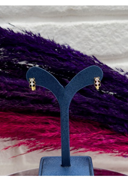 925 Ayar Gümüş Gold Renk Panda Tasarım Zarif Kız Çocuk Küpesi modelleri