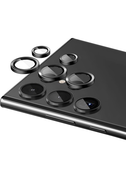 S22 Ultra ile Uyumlu Çerçeveli Temperli Safir Metal Lens (Siyah, S22 Ultra)
