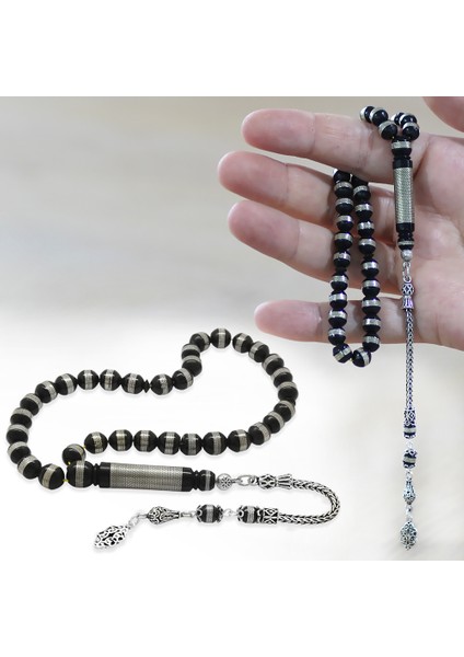925 Ayar Gümüş Püsküllü Metal Sarmal Istanbul Kesim Siyah Kuka Tesbih fiyatları