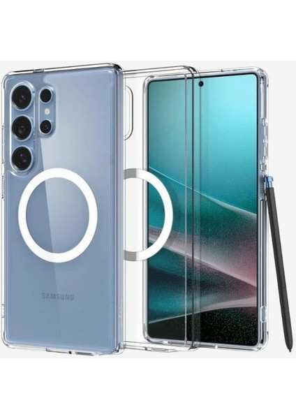 Galaxy S25 Ultra ile Uyumlu Ince Kılıf Crystal Hybrid Sararma Karşıtı Duraclear Hava Kanalı Teknolojisi Askeri Sınıf Koruma Magfit Özellikli Clear Şeffaf Kapak - ACS08911