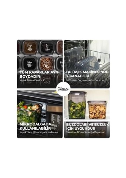 Beyaz Serigrafi Etiketli Kare Erzak Saklama Kabı 12&apos;li Set 4x(0,55 Litre, 1,2 Litre, 1,75 Litre) modelleri