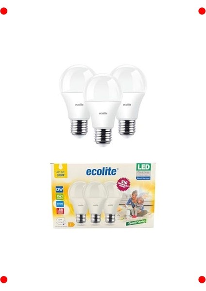 12W LED Ampul 3'lü Paket - Sarı Işık, E27 Duy