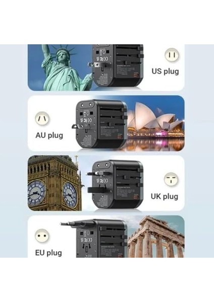 Seyahat Priz Dönüştürücü Adaptör, 25W Şarj Cihazı, 1x USB Girişi, 2x Type-C Girişi, Uluslararası Güç Adaptörü, Us, Uk, Eu, Au Evrensel Uyum modelleri