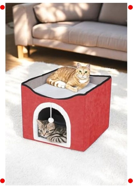 Katlanır Taşınabilir Kırmızı Kedi Evi Yatağı