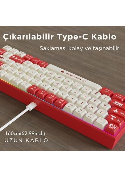 AK680 65% Kablolu Hotswap Mekanik Oyun Klavyesi,68 Tuşlu Taşınabilir -Ghosting Klavye,gökkuşağı Arkadan Aydınlatmalı Programlanabilir,ergonomik, Kırmızı Beyaz, Anahtar-Mavi fiyatları