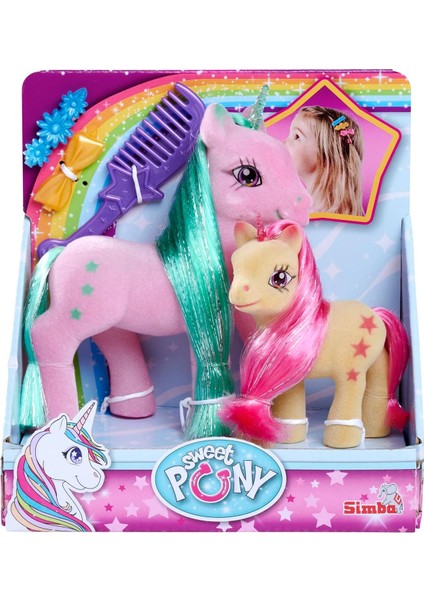 104342647, Küçük Tek Boynuzlu At ve Ailesi, 2 Tek Boynuzlu At, Floklu Tasarım, Aksesuarlı Y:10-14CM