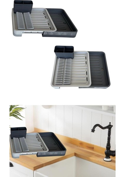 Kapanır Sürgülü Tabaklık Bulaşıklık – Bulaşık Sepeti, Bulaşık Kurutma, Mutfak Düzenleyici (Antrasit)