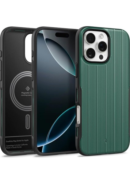 16 Pro Max ile Uyumlu Magsafe Kılıf Dual Grip Mag Hava Kanalı Teknolojisi Askeri Sınıf Koruma Braided Green Dokulu Yüzey Kapak - ACS08051