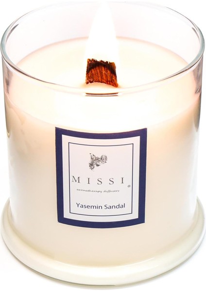 Üfleme Cam Ahşap Fitilli Yasemin Sandal Vegan Mum (380 Gr)