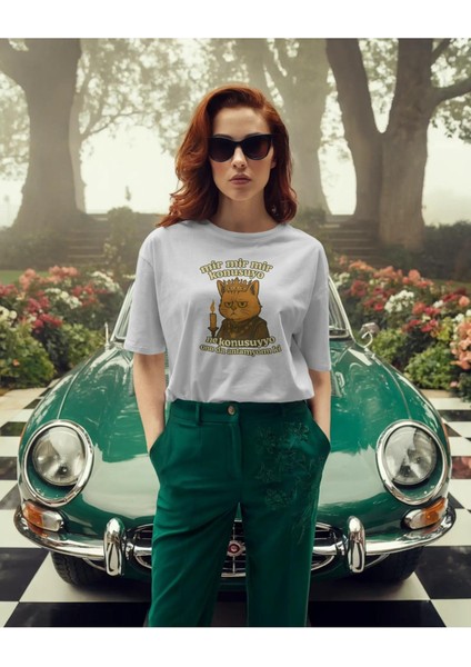 Mir Mir Mir Konuşuyo Kral Kedi Tasarımlı Oversize Unisex Tişört – Mizahi Baskılı Sokak Modası
