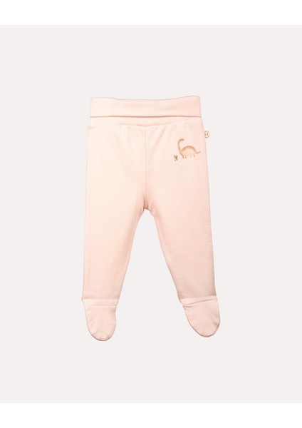 %100 Organik Pamuk Gots Sertifikalı Patikli Dinozor Desenli Bebek Pantolon – Pudra | Hoogie Premium Babywear