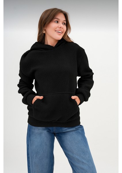 Kadın Peluş Kumoş Kanguru Cepli Kapüşonlu Rahat Kalıp Standart Sweatshirt