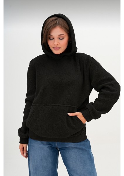 Kadın Peluş Kumoş Kanguru Cepli Kapüşonlu Rahat Kalıp Standart Sweatshirt fırsatları