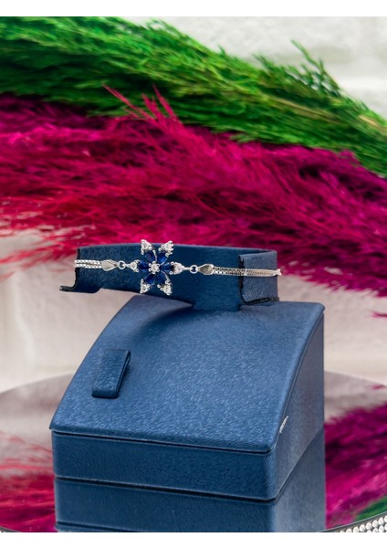 925 Ayar Gümüş Safir Taşlı Lotus Desenli Popüler Kadın Bileklik