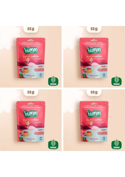 Organik Vegan Çilekli Kurabiye Atıştırmalık Paketi - 4 Adet* 55 G