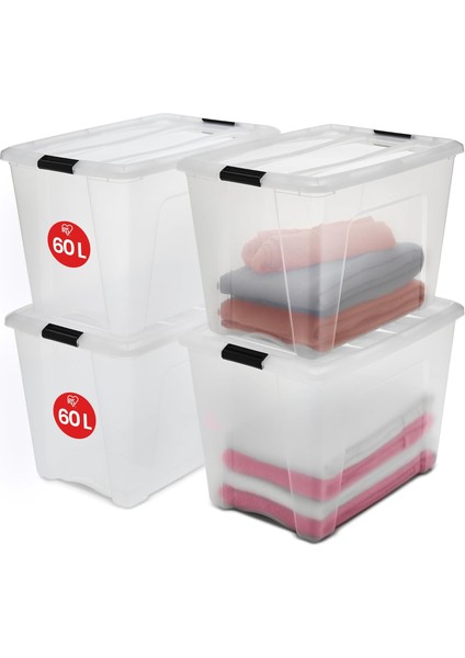 Ohyama Kapaklı Saklama Kutuları, 60L, 4&apos;lü Set, Şeffaf, Güvenli Tokalar, Istiflenebilir, Çekme Kulpları, Yatak Odası, Dolap, Ofis, Organizasyon Için, Bpa Içermeyen Plastik, Giysi Çantası, Ntb-60