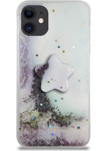 Iletişim 11 ile Uyumlu Kapak Mermer Desenli Pop Socketli Silikon Kılıf - Beyaz