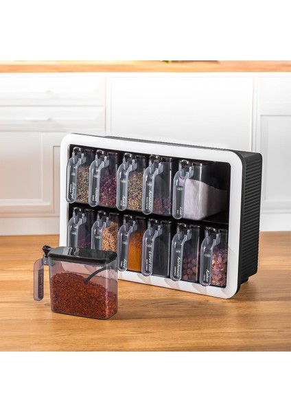 1165 12 Li Kendinden Yapışkanlı Kaşıklı Kapaklı Takımı - Siyah Beyaz