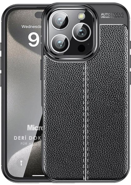 16 Pro Max Kılıf Deri Dokulu Silikon Siyah [ 16 Pro Max ile Uyumlu Kılıf - Siyah]
