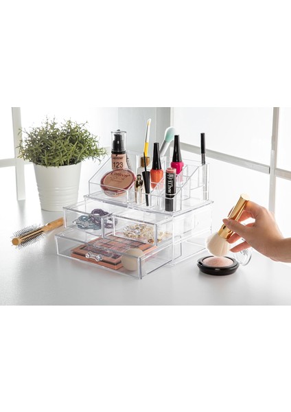 Çekmeceli Şeffaf Makyaj Organizeri Set Takı Kutusu Düzenleyici (Şeffaf 3 Çekmeceli)