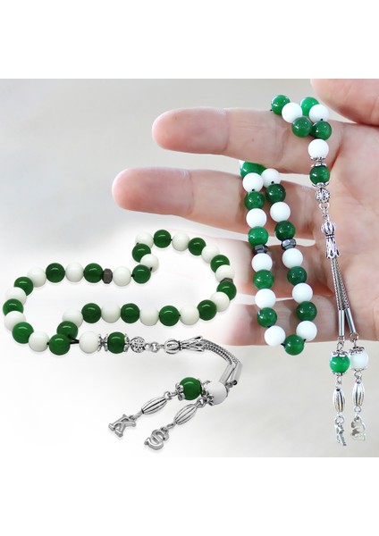 Kararmaz Metal Isme Özel Harf Püsküllü Küre Kesim Yeşil Beyaz Jade Doğaltaş Taraftar Tesbih fiyatları