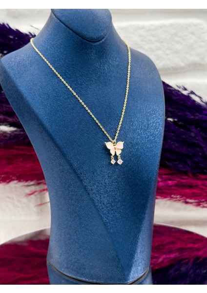 925 Ayar Gümüş Gold Renk Pembe Mineli Kelebek Modeli Zarif Kadın Kolye