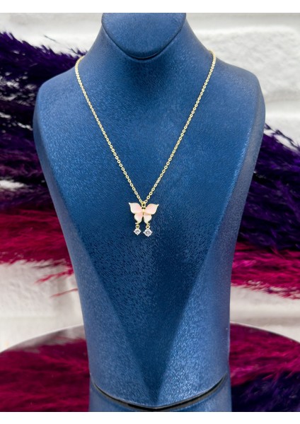 925 Ayar Gümüş Gold Renk Pembe Mineli Kelebek Modeli Zarif Kadın Kolye fiyatları