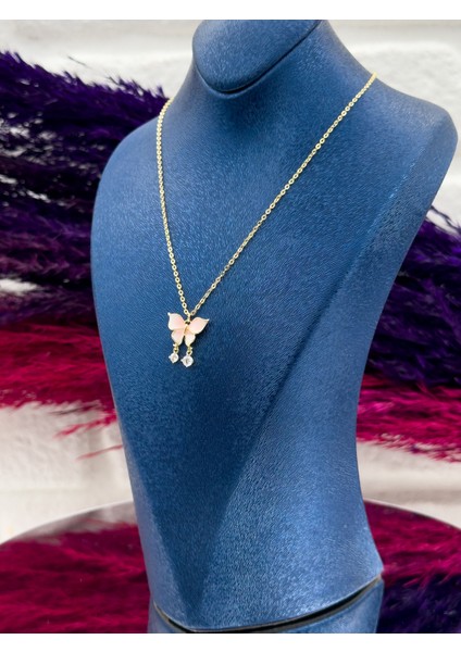 925 Ayar Gümüş Gold Renk Pembe Mineli Kelebek Modeli Zarif Kadın Kolye modelleri