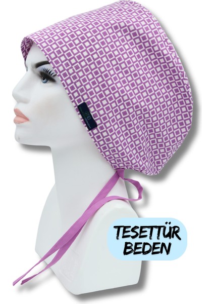 Tesettür Beden Lila Geometrik Desen Cerrahi Bone Doktor Hemşire Sağlıkçı Hastane Bonesi