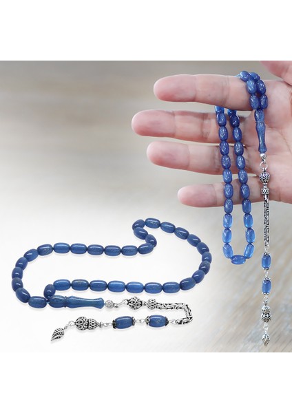 925 Ayar Gümüş Kral Zincir Püsküllü Özel Kesim Sedefli Mavi Sıkma Kehribar Tesbih fiyatları