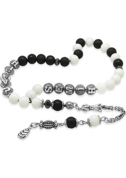 Kararmaz Metal Arnavut Püsküllü Isme Özel Siyah Beyaz Jade Ayyıldız Oniks Doğaltaş Taraftar Tesbih