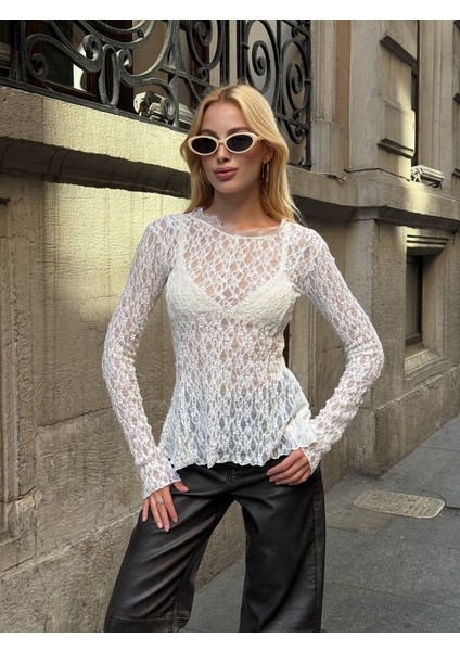 Kadın Bisiklet Yaka Full Esnek Dantel Bürümcük Spor Şık Tasarım Asimetrik Kesim Gece Bluzu